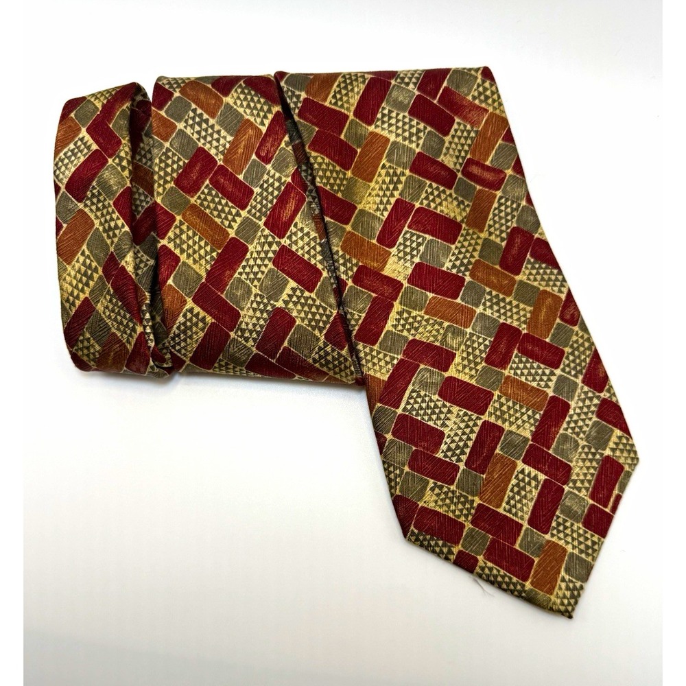 J.S.A. Bank Premier Collection Silk Tie OS Burgundy Gold Geometric Abstract